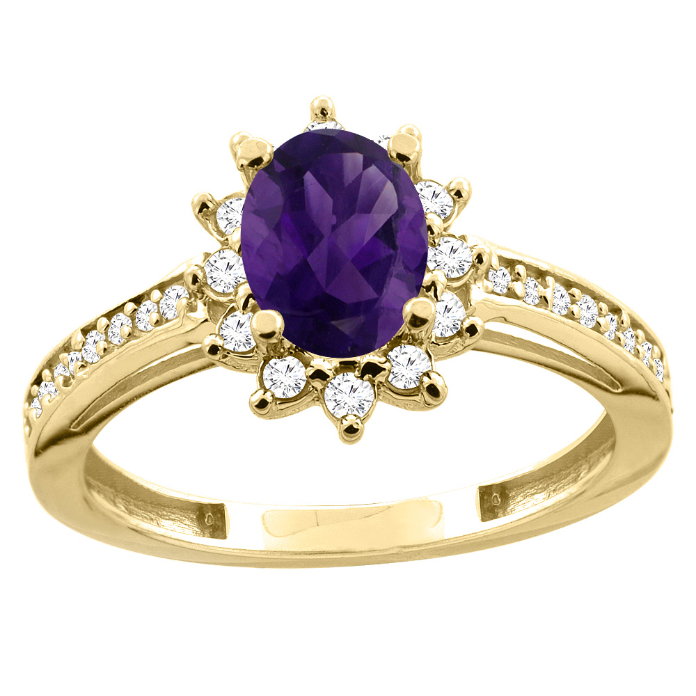 14K White/Yellow Gold Diamond Natural Amethyst Floral Halo Engagement Ring Oval 7x5mm, sizes 5 - 10