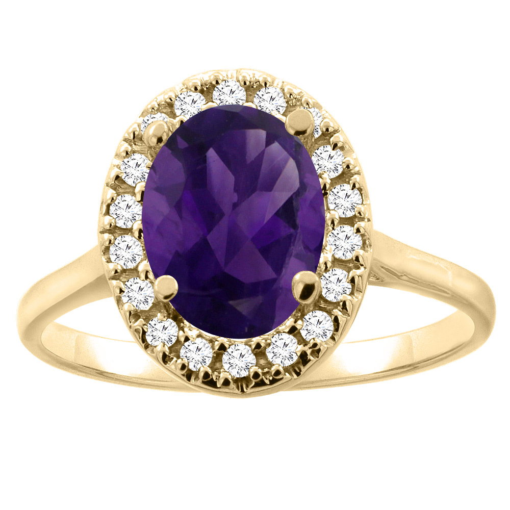 10K Gold Natural Amethyst Halo Ring Oval 9x7mm Diamond Accent, sizes 5 - 10