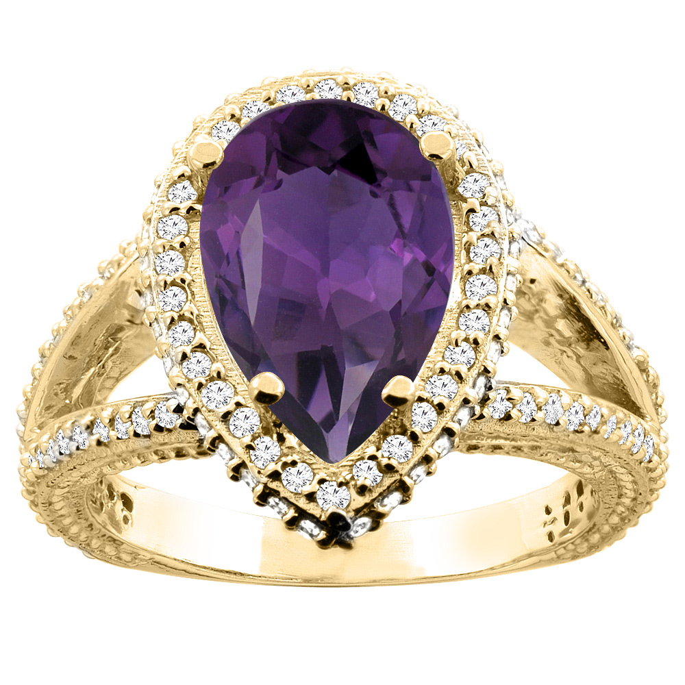 10K White/Yellow Gold Natural Amethyst Halo Ring Pear 12x8mm Diamond Accents, sizes 5 - 10