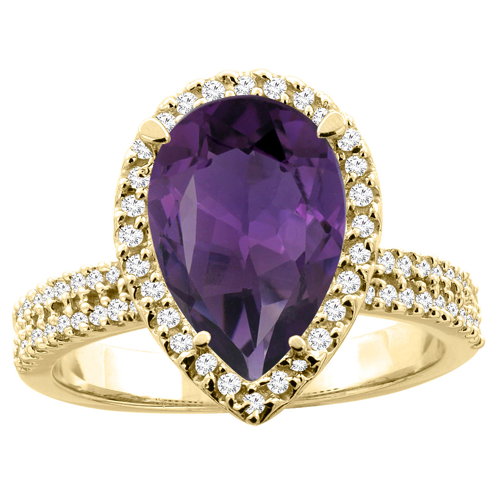 10K White/Yellow Gold Natural Amethyst Ring Pear 12x8mm Diamond Accents, sizes 5 - 10