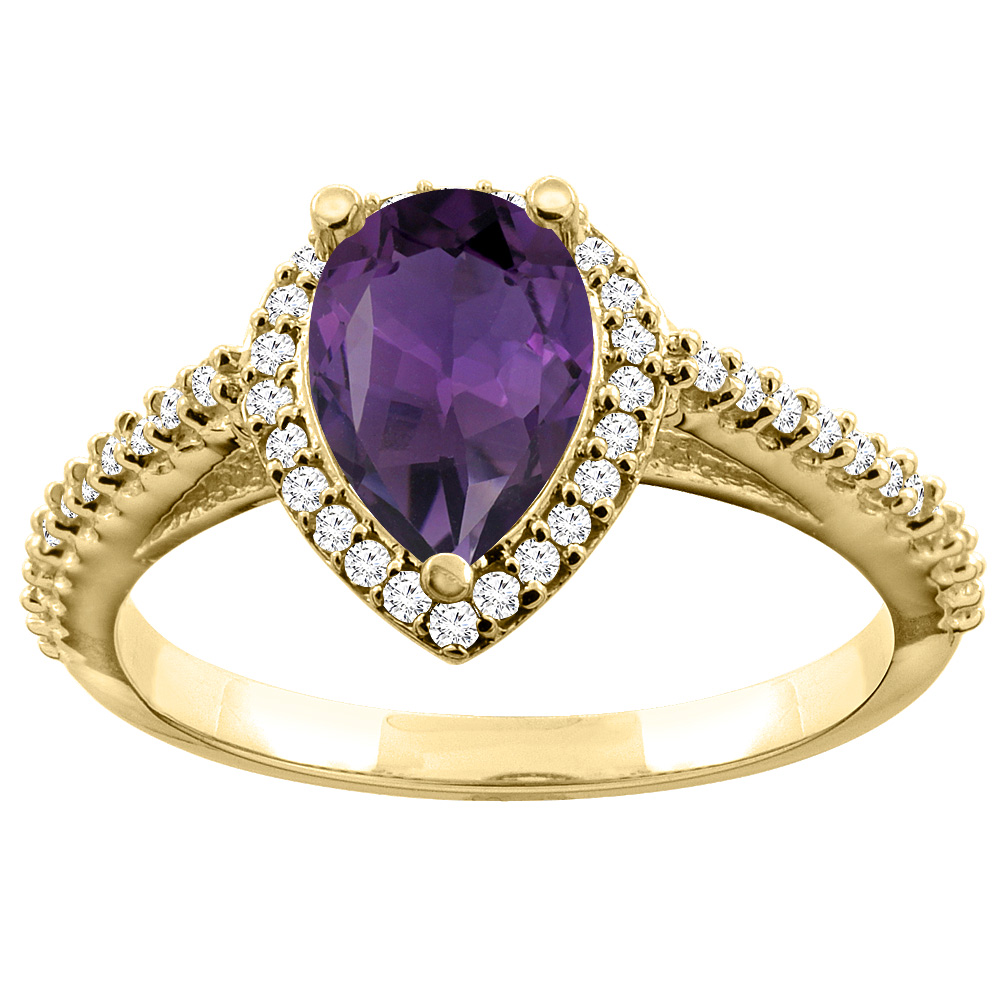 10K Yellow Gold Natural Amethyst Ring Pear 9x7mm Diamond Accents, sizes 5 - 10