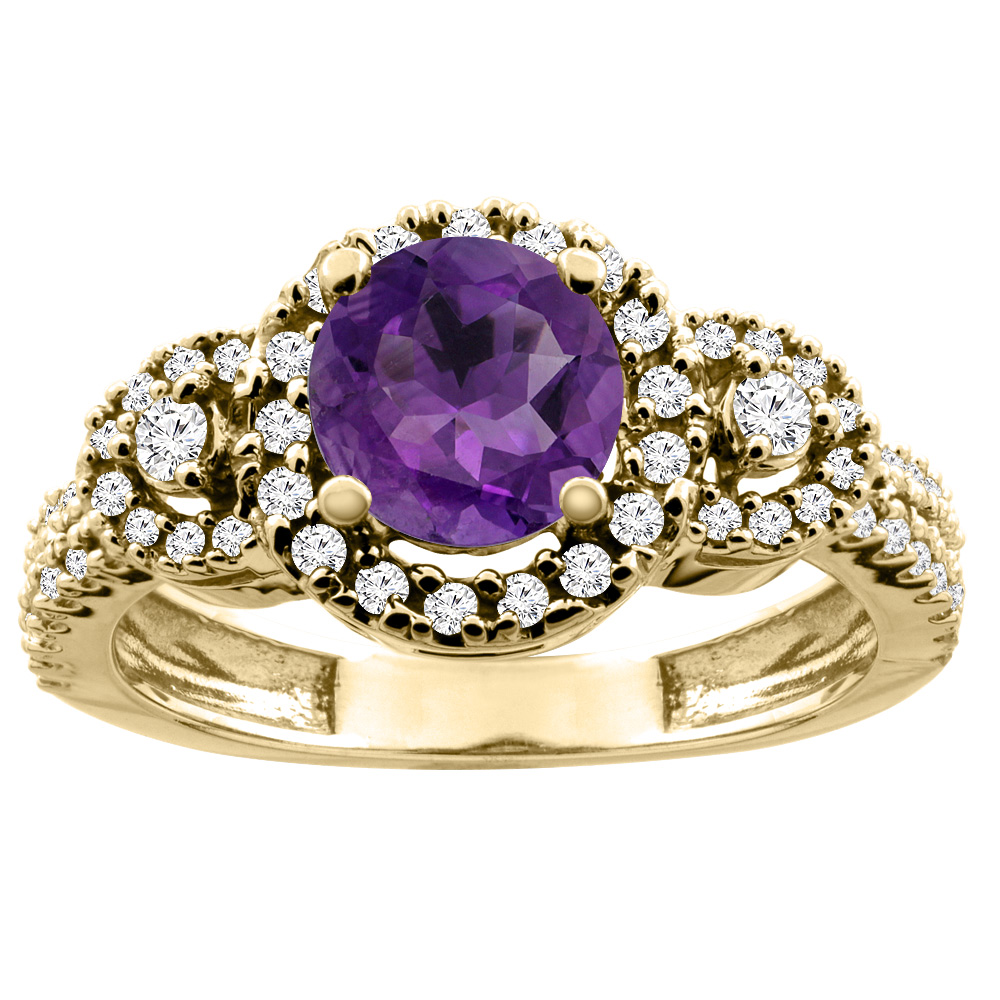 10K White/Yellow Gold Diamond Halo Natural Amethyst Ring Round 6mm, sizes 5 - 10
