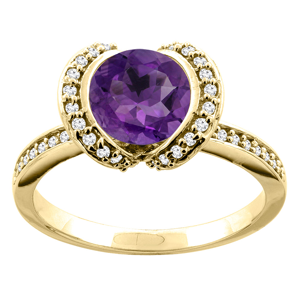 10K White/Yellow Gold Natural Amethyst Ring Round 7mm Diamond Accent, sizes 5 - 10