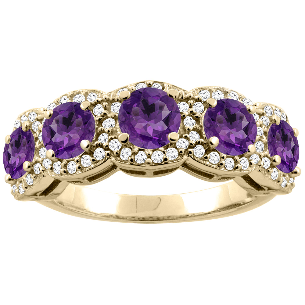10K Gold Natural Amethyst 5-Stone Ring Round 4mm, sizes 5 - 10