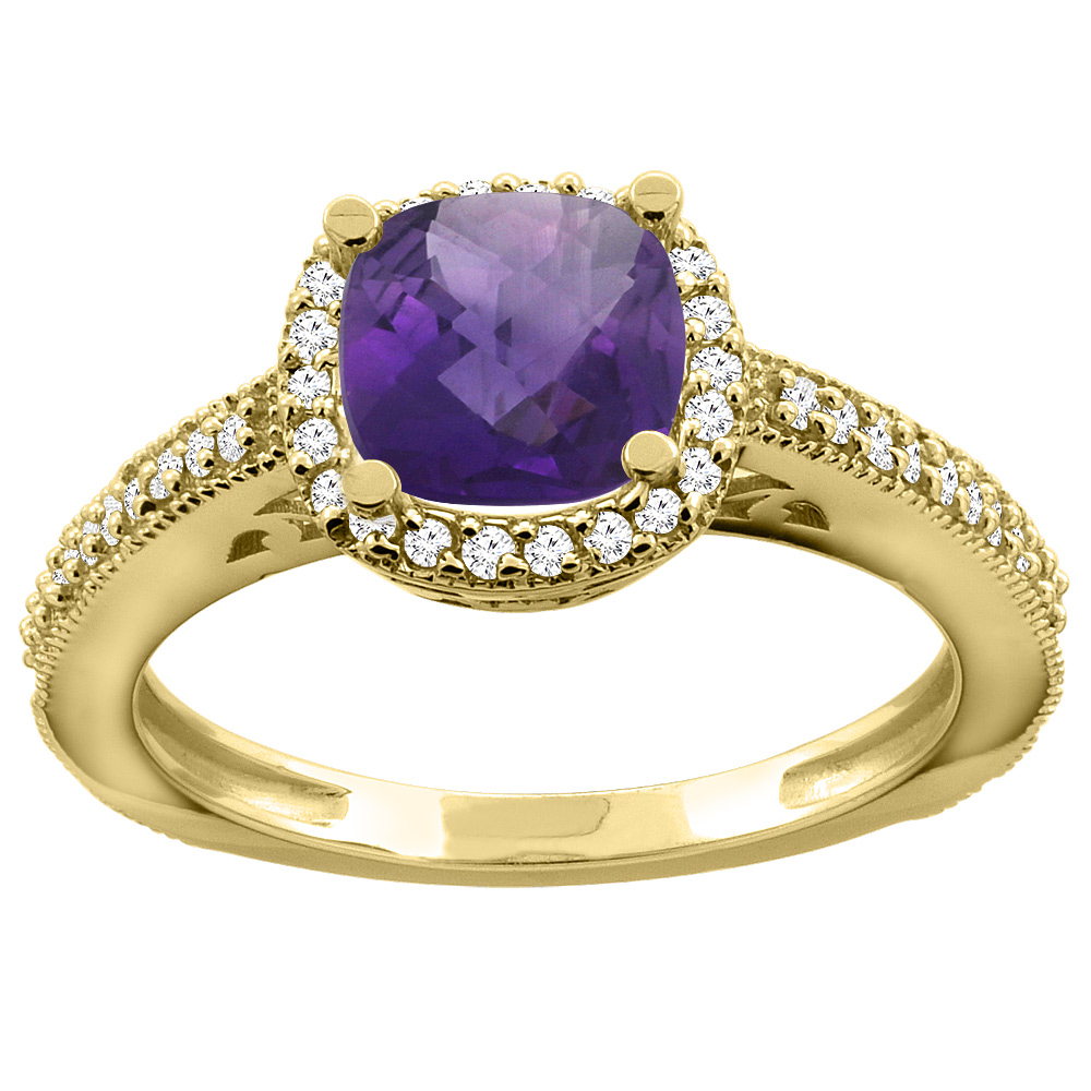 10K Yellow Gold Natural Amethyst Engagement Ring Diamond Halo Cushion 7mm, sizes 5 - 10