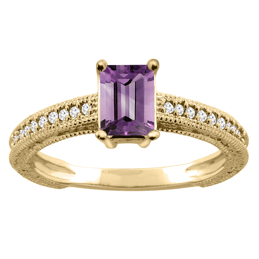 10K Gold Natural Amethyst Engagement Ring Octagon 8x6mm Diamond Accents, sizes 5 - 10