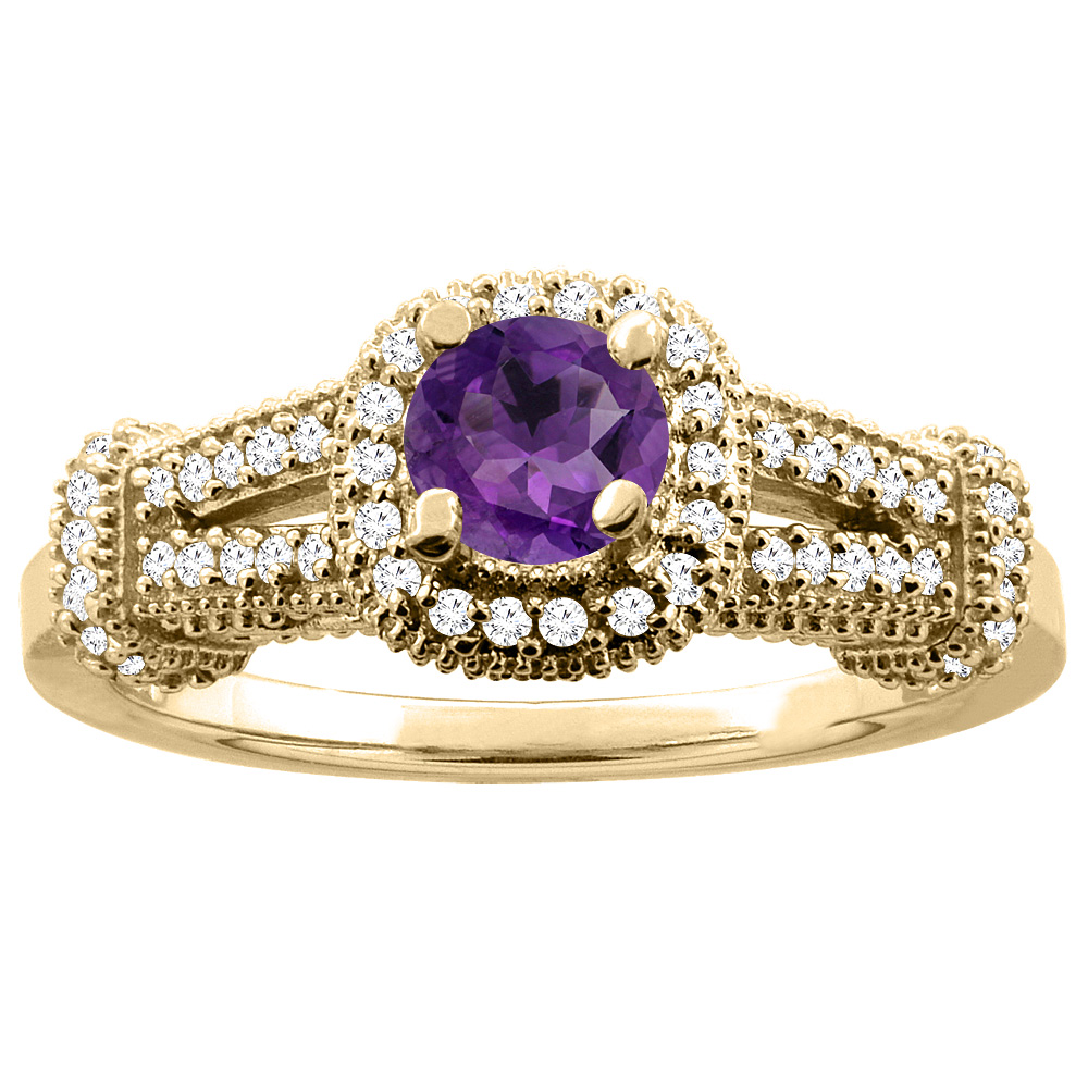 10K Yellow Gold Natural Amethyst Engagement Halo Ring Round 5mm Diamond Accents, sizes 5 - 10