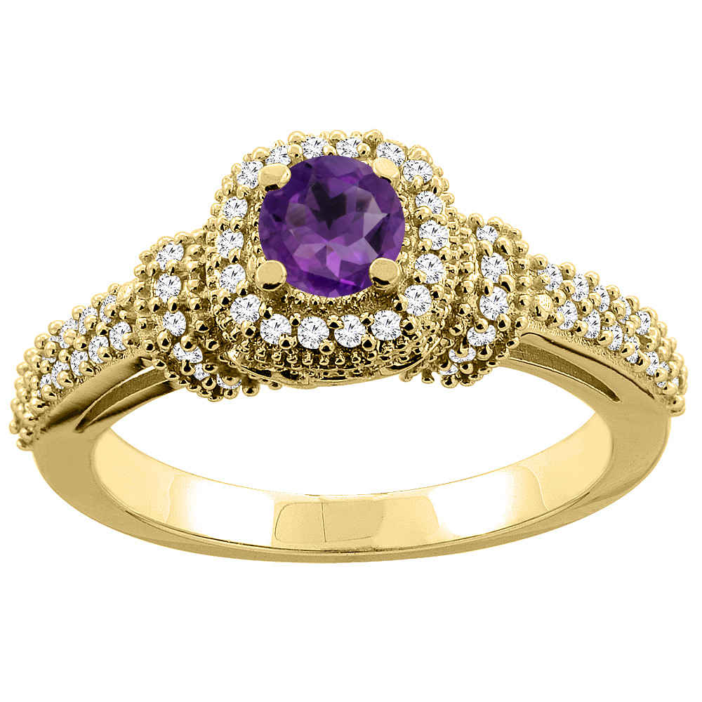 10K Gold Natural Amethyst Engagement Halo Ring Round 5mm Diamond Accents, sizes 5 - 10