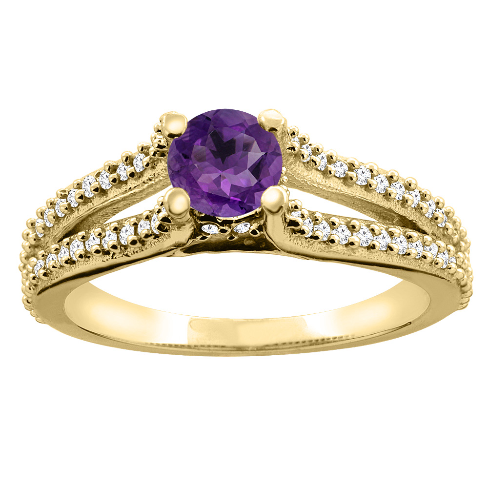 10K Yellow Gold Natural Amethyst Engagement Split Shank Ring Round 5mm Diamond Accents, sizes 5 - 10
