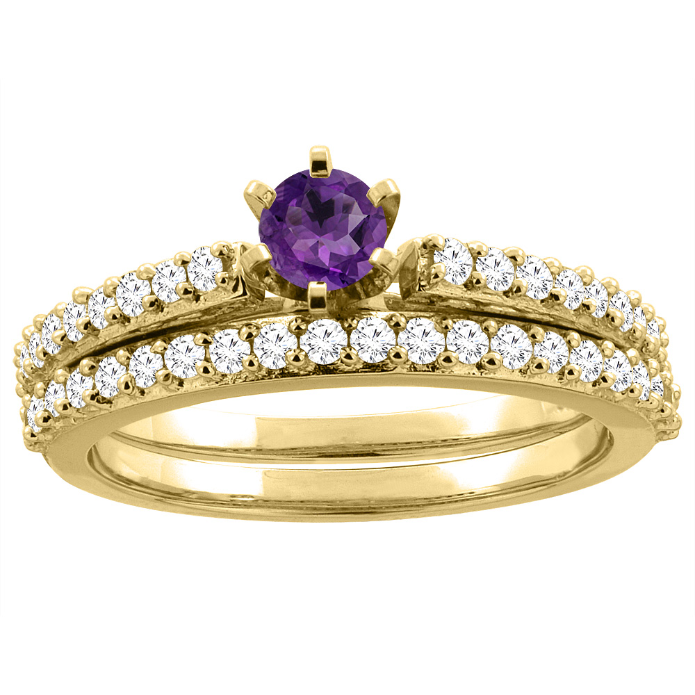 10K Yellow Gold Genuine Amethyst 2-piece Bridal Ring Set Round 4mm sizes 5 - 10