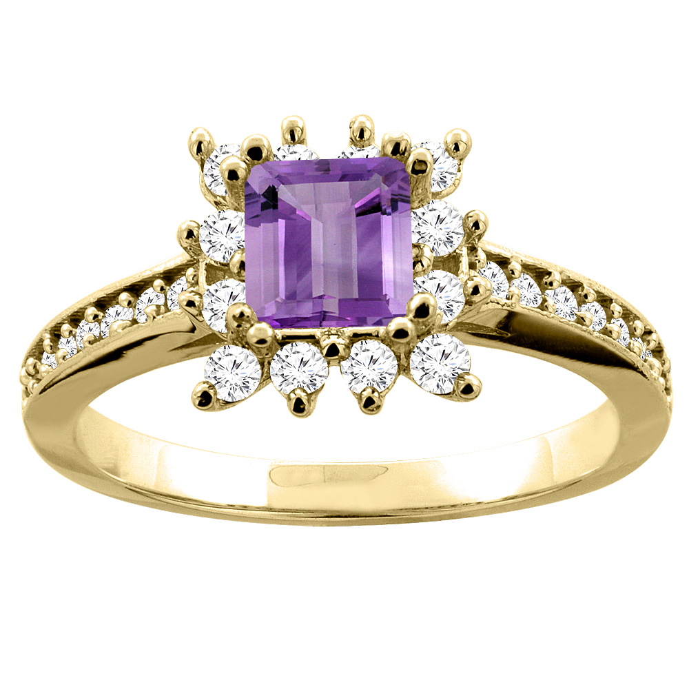 10K Yellow Gold Natural Amethyst Engagement Ring Diamond Accents Square 5mm, sizes 5 - 10