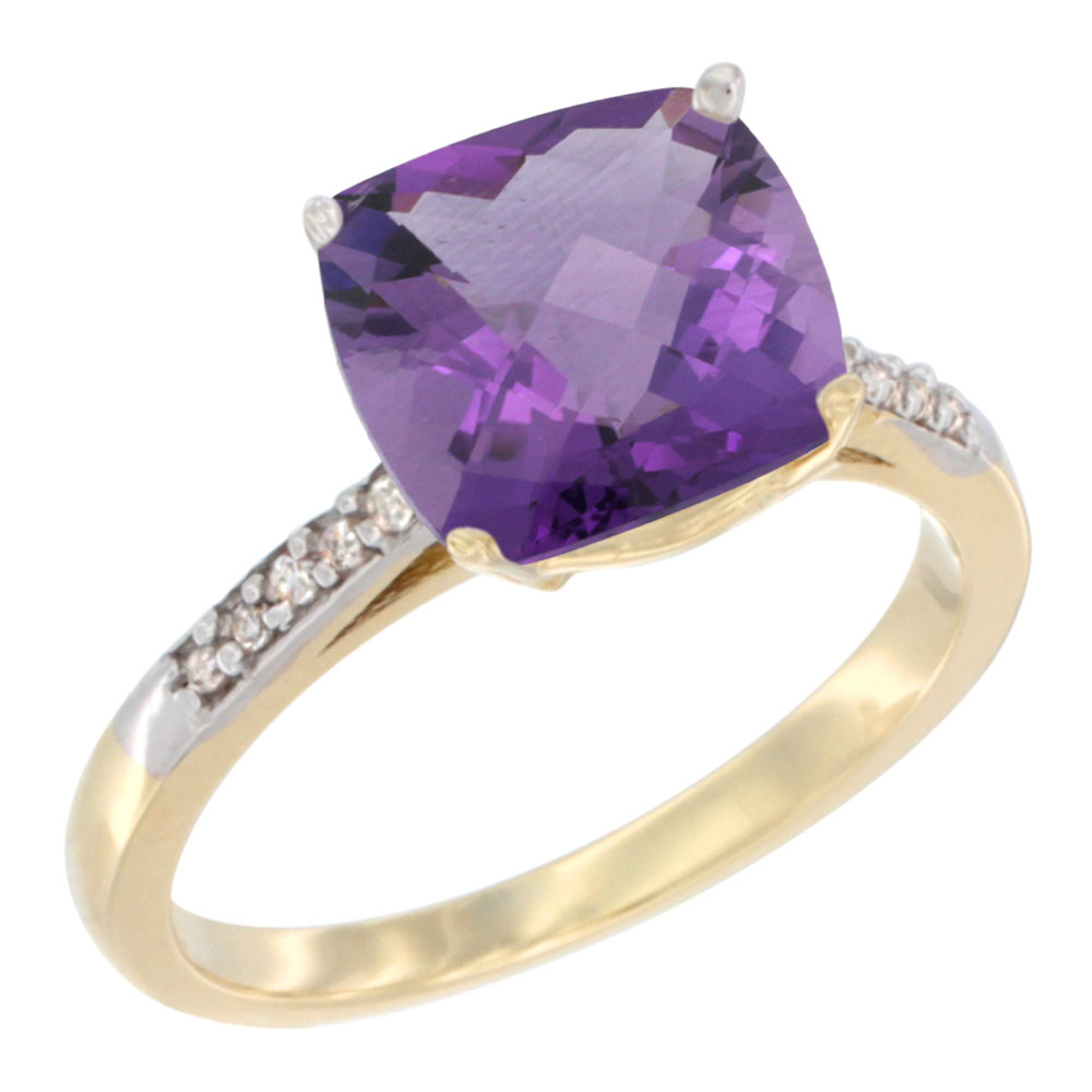 10K Yellow Gold Natural Amethyst Ring Cushion-cut 9 mm Diamond accent, sizes 5 - 10