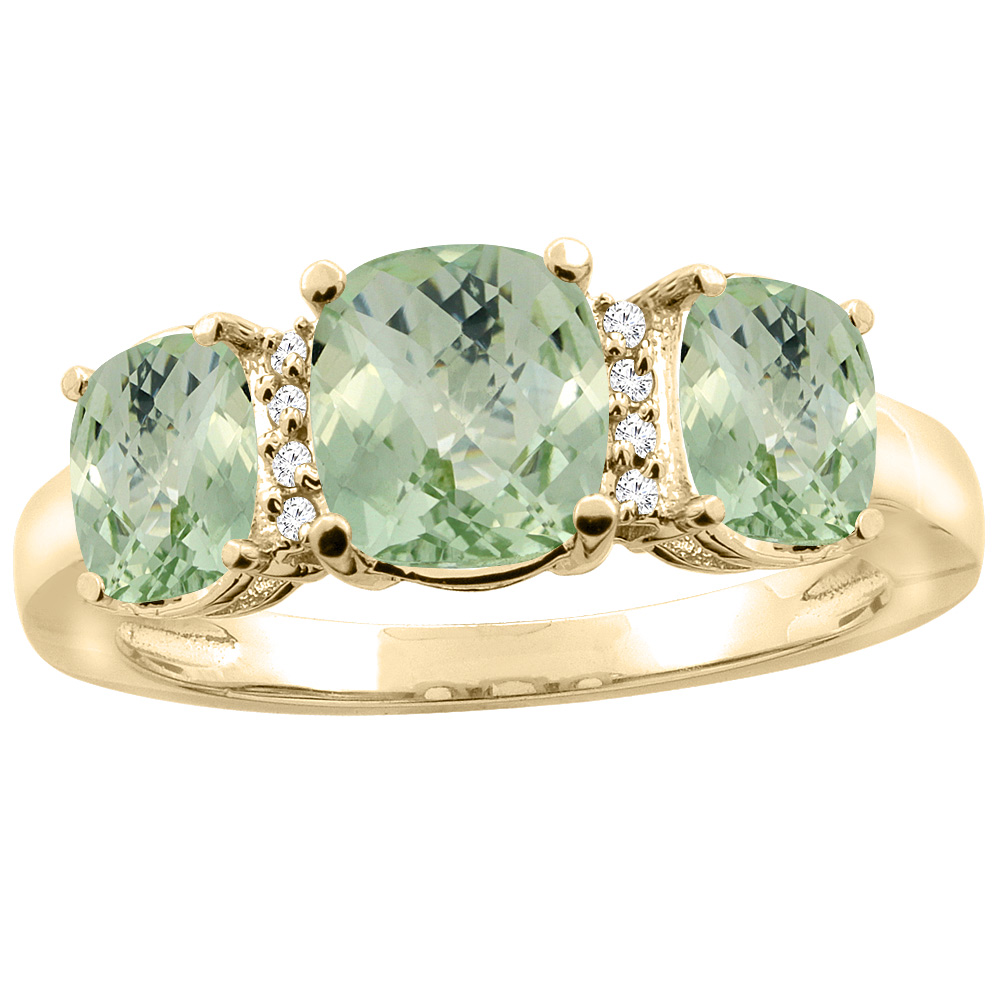 10K Yellow Gold Natural Green Amethyst 3-stone Ring Cushion 8x6mm Diamond Accent, sizes 5 - 10