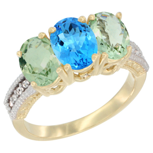 14K Yellow Gold Natural Swiss Blue Topaz & Green Amethyst Ring 3-Stone 7x5 mm Oval Diamond Accent, sizes 5 - 10