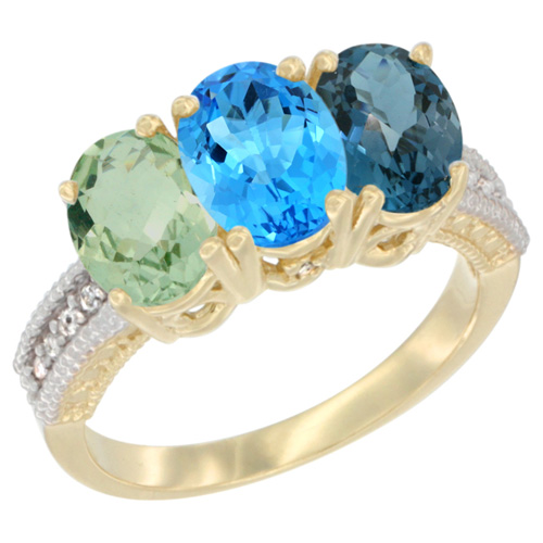 14K Yellow Gold Natural Green Amethyst, Swiss Blue Topaz & London Blue Topaz Ring 3-Stone 7x5 mm Oval Diamond Accent, sizes 5 - 10