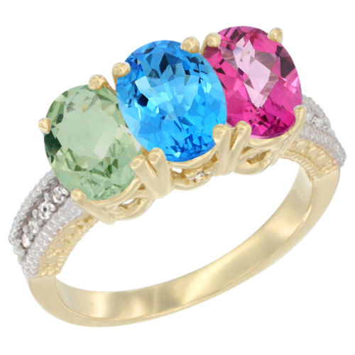 14K Yellow Gold Natural Green Amethyst, Swiss Blue Topaz & Pink Topaz Ring 3-Stone 7x5 mm Oval Diamond Accent, sizes 5 - 10
