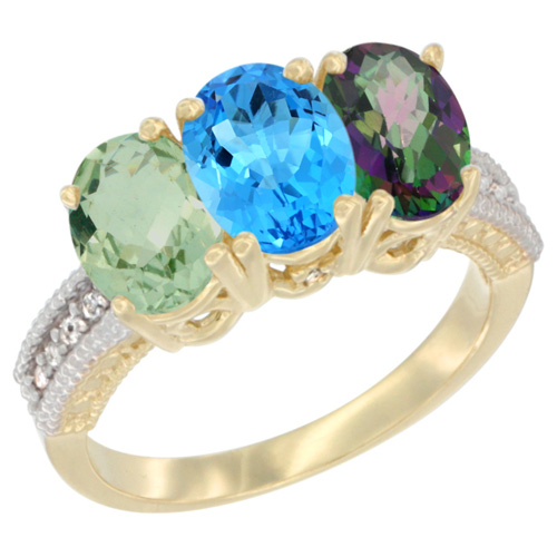 14K Yellow Gold Natural Green Amethyst, Swiss Blue Topaz & Mystic Topaz Ring 3-Stone 7x5 mm Oval Diamond Accent, sizes 5 - 10