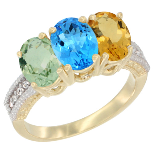 10K Yellow Gold Diamond Natural Green Amethyst, Swiss Blue Topaz & Citrine Ring Oval 3-Stone 7x5 mm,sizes 5-10