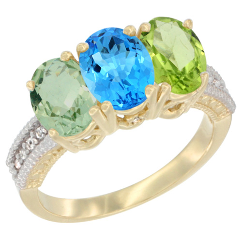 10K Yellow Gold Diamond Natural Green Amethyst, Swiss Blue Topaz & Peridot Ring Oval 3-Stone 7x5 mm,sizes 5-10