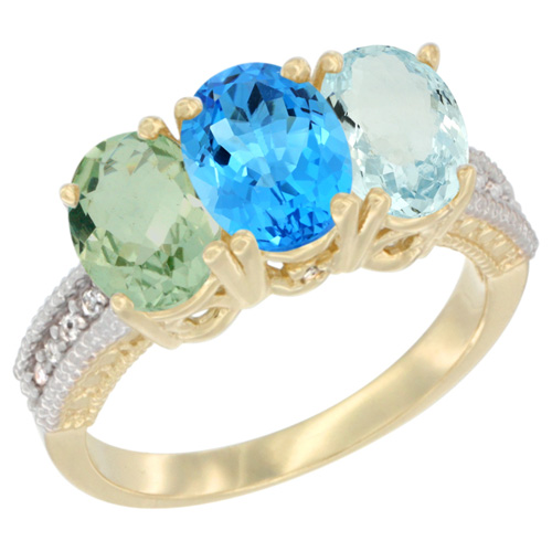 10K Yellow Gold Diamond Natural Green Amethyst, Swiss Blue Topaz & Aquamarine Ring Oval 3-Stone 7x5 mm,sizes 5-10