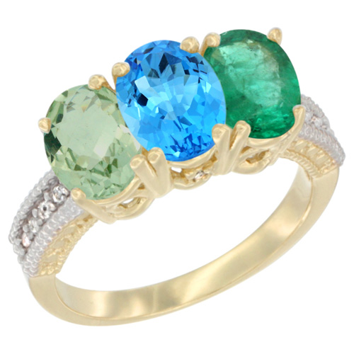 10K Yellow Gold Diamond Natural Green Amethyst, Swiss Blue Topaz & Emerald Ring Oval 3-Stone 7x5 mm,sizes 5-10