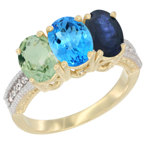 10K Yellow Gold Diamond Natural Green Amethyst, Swiss Blue Topaz & Blue Sapphire Ring Oval 3-Stone 7x5 mm,sizes 5-10