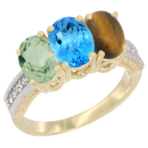 10K Yellow Gold Diamond Natural Green Amethyst, Swiss Blue Topaz & Tiger Eye Ring Oval 3-Stone 7x5 mm,sizes 5-10