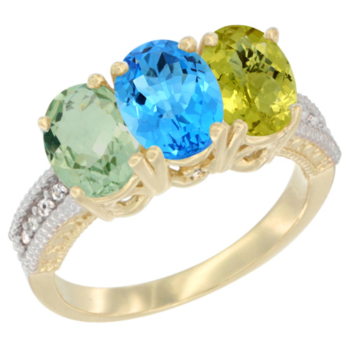 10K Yellow Gold Diamond Natural Green Amethyst, Swiss Blue Topaz & Lemon Quartz Ring Oval 3-Stone 7x5 mm,sizes 5-10
