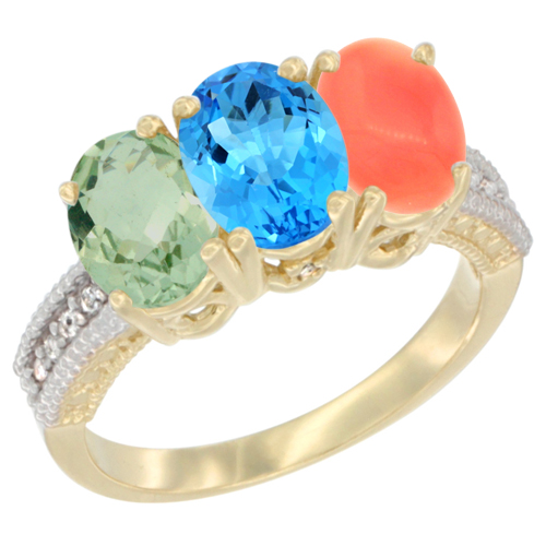 10K Yellow Gold Diamond Natural Green Amethyst, Swiss Blue Topaz & Coral Ring Oval 3-Stone 7x5 mm,sizes 5-10
