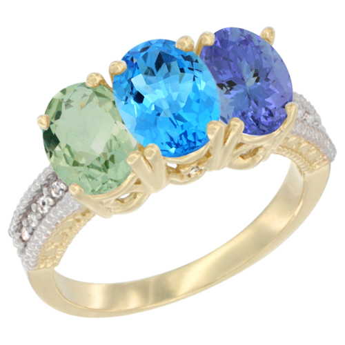 10K Yellow Gold Diamond Natural Green Amethyst, Swiss Blue Topaz & Tanzanite Ring Oval 3-Stone 7x5 mm,sizes 5-10