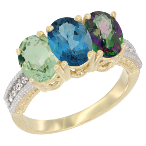 10K Yellow Gold Diamond Natural Green Amethyst, London Blue Topaz & Mystic Topaz Ring Oval 3-Stone 7x5 mm,sizes 5-10