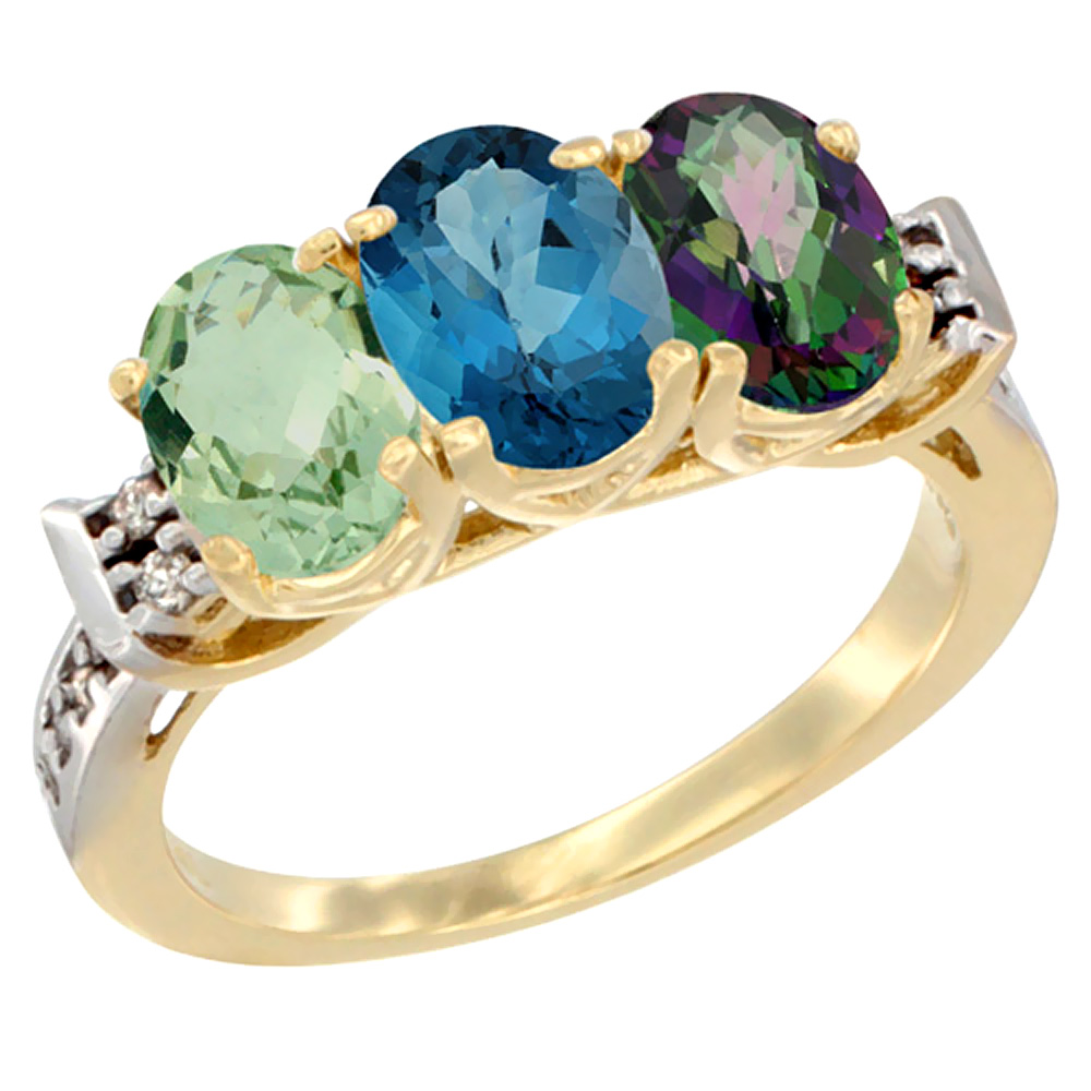 10K Yellow Gold Natural Green Amethyst, London Blue Topaz & Mystic Topaz Ring 3-Stone Oval 7x5 mm Diamond Accent, sizes 5 - 10