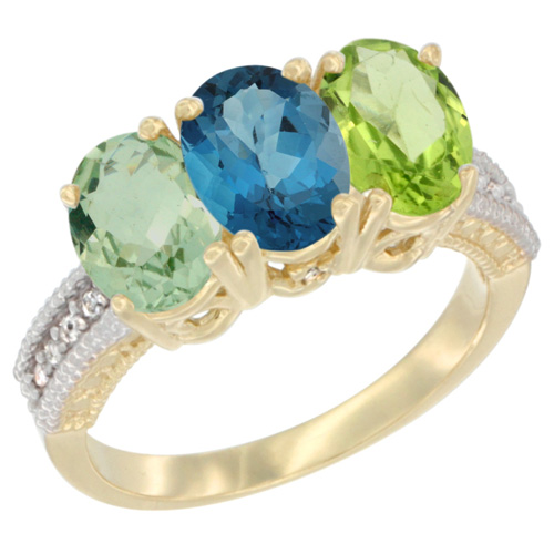 10K Yellow Gold Diamond Natural Green Amethyst, London Blue Topaz & Peridot Ring Oval 3-Stone 7x5 mm,sizes 5-10