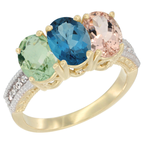 10K Yellow Gold Diamond Natural Green Amethyst, London Blue Topaz & Morganite Ring Oval 3-Stone 7x5 mm,sizes 5-10