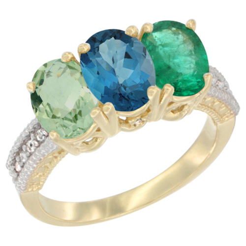 10K Yellow Gold Diamond Natural Green Amethyst, London Blue Topaz & Emerald Ring Oval 3-Stone 7x5 mm,sizes 5-10