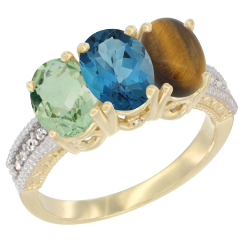 10K Yellow Gold Diamond Natural Green Amethyst, London Blue Topaz & Tiger Eye Ring Oval 3-Stone 7x5 mm,sizes 5-10
