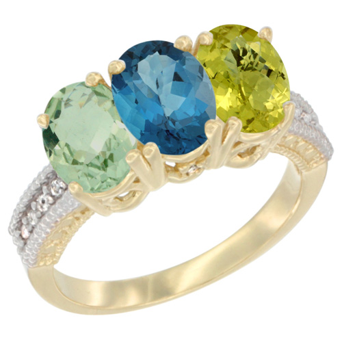 10K Yellow Gold Diamond Natural Green Amethyst, London Blue Topaz & Lemon Quartz Ring Oval 3-Stone 7x5 mm,sizes 5-10