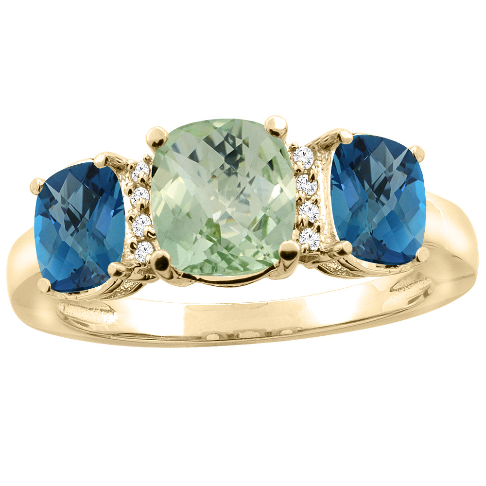 10K Yellow Gold Natural Green Amethyst & London Blue Topaz 3-stone Ring Cushion 8x6mm Diamond Accent, sizes 5 - 10