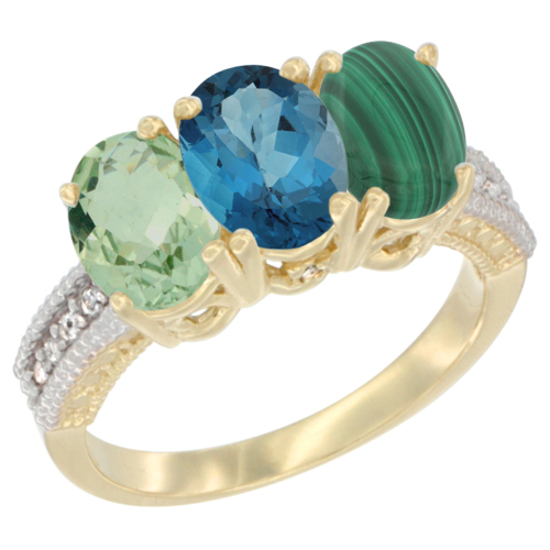 10K Yellow Gold Diamond Natural Green Amethyst, London Blue Topaz & Malachite Ring Oval 3-Stone 7x5 mm,sizes 5-10