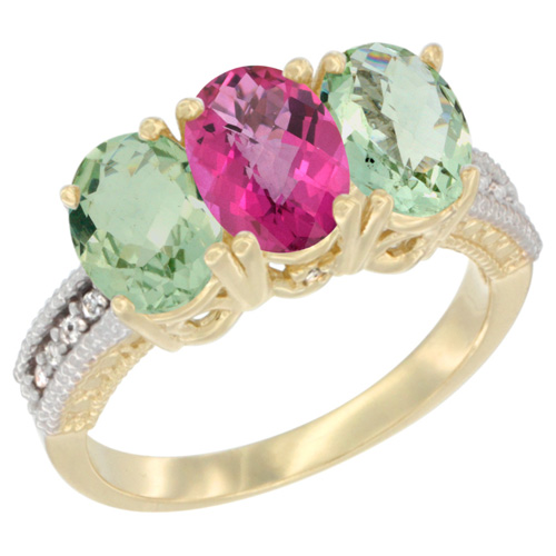 10K Yellow Gold Diamond Natural Pink Topaz & Green Amethyst Ring Oval 3-Stone 7x5 mm,sizes 5-10