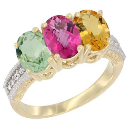 10K Yellow Gold Diamond Natural Green Amethyst, Pink Topaz & Citrine Ring Oval 3-Stone 7x5 mm,sizes 5-10