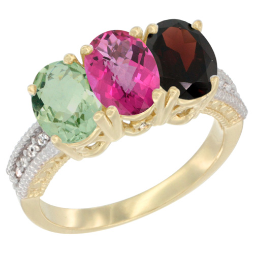 10K Yellow Gold Diamond Natural Green Amethyst, Pink Topaz & Garnet Ring Oval 3-Stone 7x5 mm,sizes 5-10