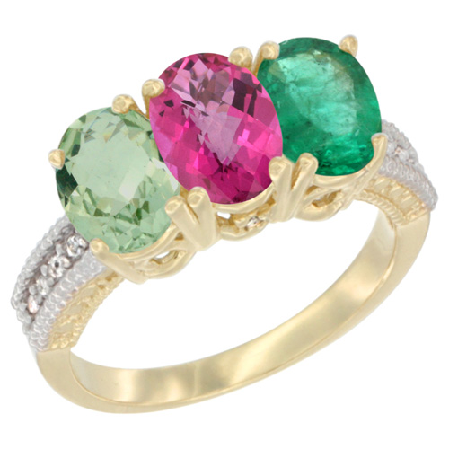 10K Yellow Gold Diamond Natural Green Amethyst, Pink Topaz & Emerald Ring Oval 3-Stone 7x5 mm,sizes 5-10