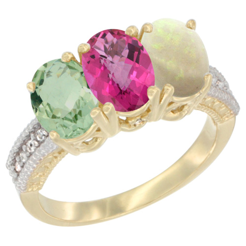 10K Yellow Gold Diamond Natural Green Amethyst, Pink Topaz & Opal Ring Oval 3-Stone 7x5 mm,sizes 5-10