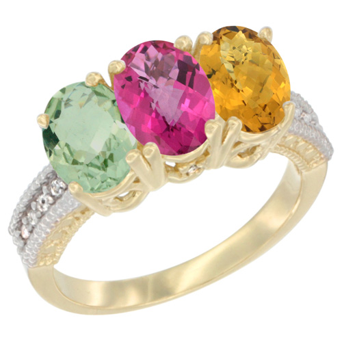 10K Yellow Gold Diamond Natural Green Amethyst, Pink Topaz & Whisky Quartz Ring Oval 3-Stone 7x5 mm,sizes 5-10