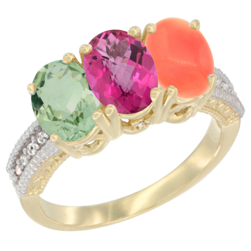 10K Yellow Gold Diamond Natural Green Amethyst, Pink Topaz & Coral Ring Oval 3-Stone 7x5 mm,sizes 5-10