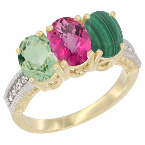 10K Yellow Gold Diamond Natural Green Amethyst, Pink Topaz & Malachite Ring Oval 3-Stone 7x5 mm,sizes 5-10