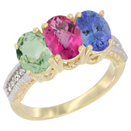 10K Yellow Gold Diamond Natural Green Amethyst, Pink Topaz & Tanzanite Ring Oval 3-Stone 7x5 mm,sizes 5-10