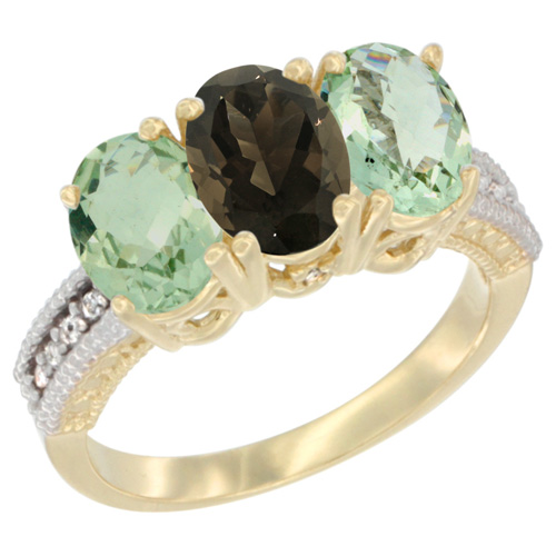 14K Yellow Gold Natural Smoky Topaz & Green Amethyst Ring 3-Stone 7x5 mm Oval Diamond Accent, sizes 5 - 10