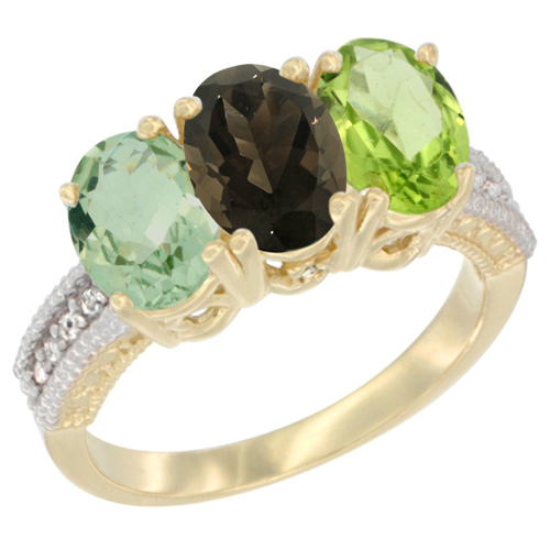 14K Yellow Gold Natural Green Amethyst, Smoky Topaz & Peridot Ring 3-Stone 7x5 mm Oval Diamond Accent, sizes 5 - 10